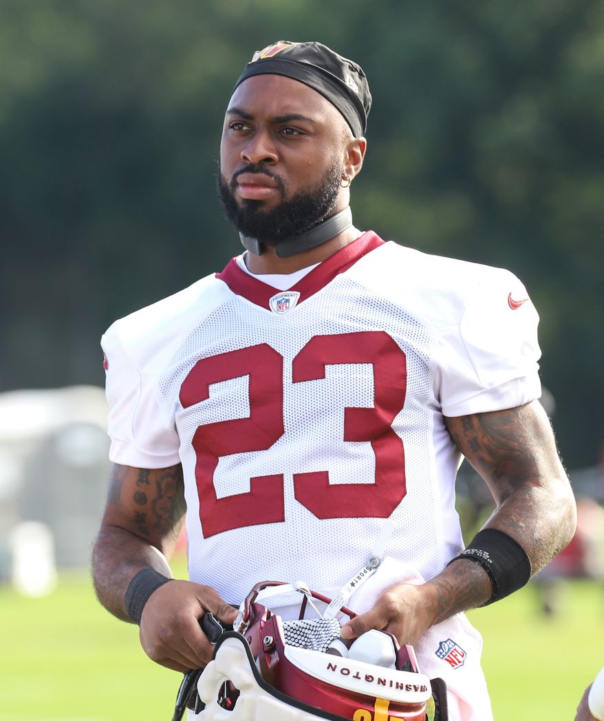 Washington Commanders Running Back J.D. McKissic (23) on the field before practice at Day 5 of Training Camp at The Park in Ashburn VA on August 1st 2022. (Photo: Alyssa Howell)