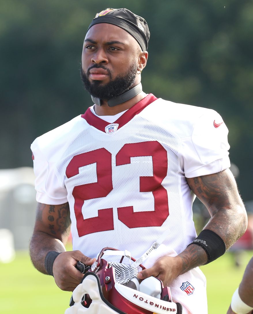 Washington Commanders Running Back J.D. McKissic (23) on the field before practice at Day 5 of Training Camp at The Park in Ashburn VA on August 1st 2022. (Photo: Alyssa Howell)