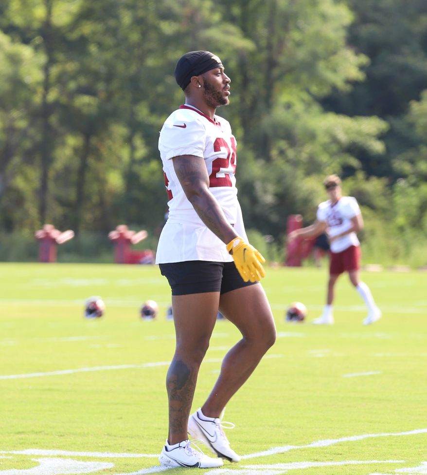 Washington Commanders Running Back Antonio Gibson (24) walking on the field before practice at Day 5 of Training Camp at The Park in Ashburn VA on August 1st 2022. (Photo: Alyssa Howell)