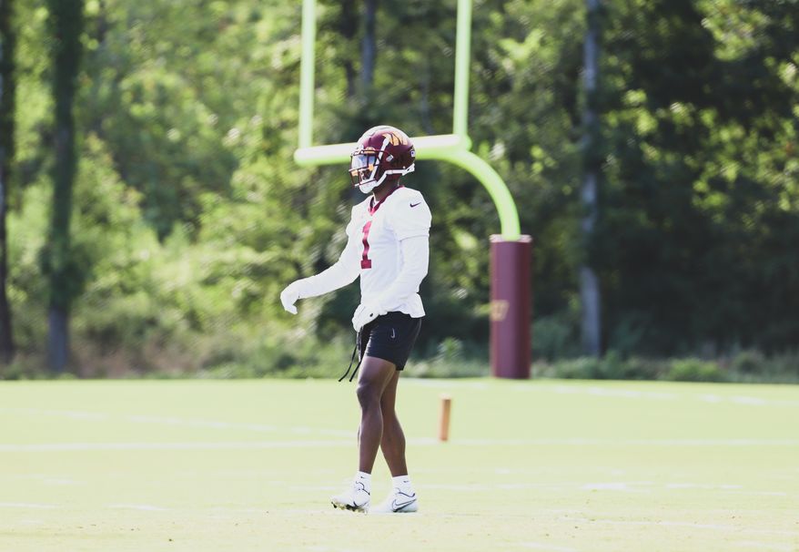 Washington Commanders Wide Receiver Jahan Dotson (1) making a catch before practice at Day 5 of Training Camp at The Park in Ashburn VA on August 1st 2022. (Photo: Alyssa Howell)