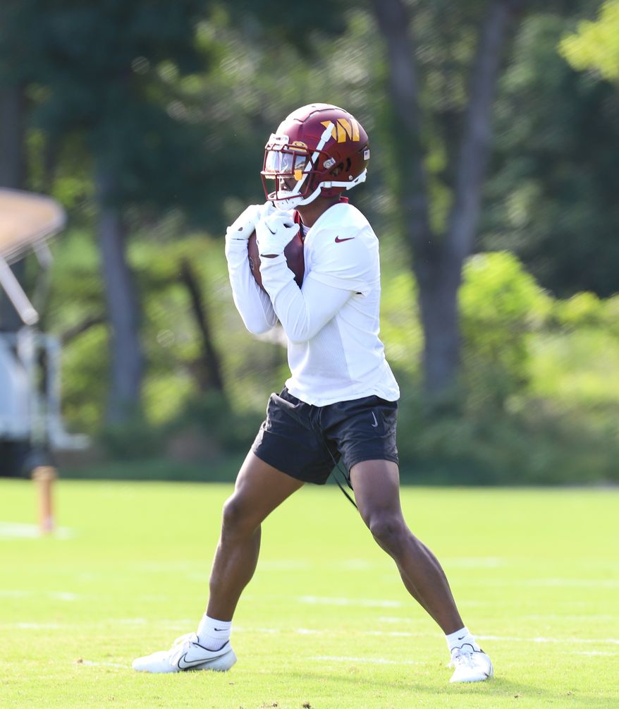 Washington Commanders Wide Receiver Jahan Dotson (1) making a catch before practice at Day 5 of Training Camp at The Park in Ashburn VA on August 1st 2022. (Photo: Alyssa Howell)