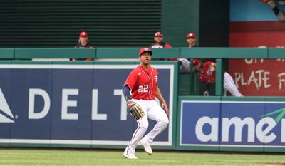 Outfielder Juan Soto (22) watches a ball in the air, heading towards right field at the Washington Nationals vs St. Louis Cardinals at Nationals Park in Washington D.C. on July 31st 2022 (Photo: All-Pro Reels/Alyssa Howell)