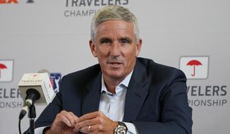 PGA Tour Commissioner Jay Monahan speaks during a news conference before the Travelers Championship golf tournament at TPC River Highlands, on June 22, 2022, in Cromwell, Conn. The PGA Tour is closing in on $500 million in prize money for next season, with eight tournaments offering $15 million or more and limited spots available for the postseason.(AP Photo/Seth Wenig, File) **FiLE**