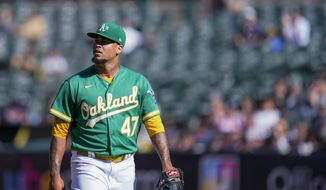 Oakland Athletics&#39; Frankie Montas walks to the dugout after pitching against the Detroit Tigers during the third inning of the second baseball game of a doubleheader in Oakland, Calif., Thursday, July 21, 2022. (AP Photo/Godofredo A. Vásquez) **FILE**