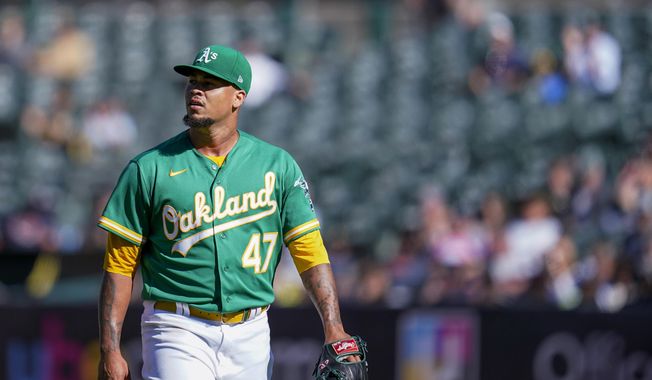 Oakland Athletics&#x27; Frankie Montas walks to the dugout after pitching against the Detroit Tigers during the third inning of the second baseball game of a doubleheader in Oakland, Calif., Thursday, July 21, 2022. (AP Photo/Godofredo A. Vásquez) **FILE**