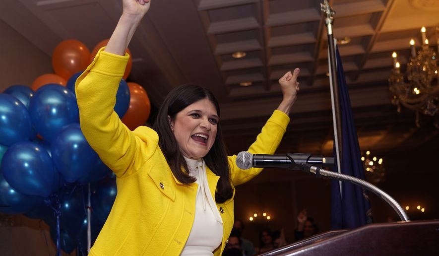 Rep. Haley Stevens D-Mich., speaks Tuesday, Aug. 2, 2022, at an election night party in Birmingham, Mich. (AP Photo/Carlos Osorio)