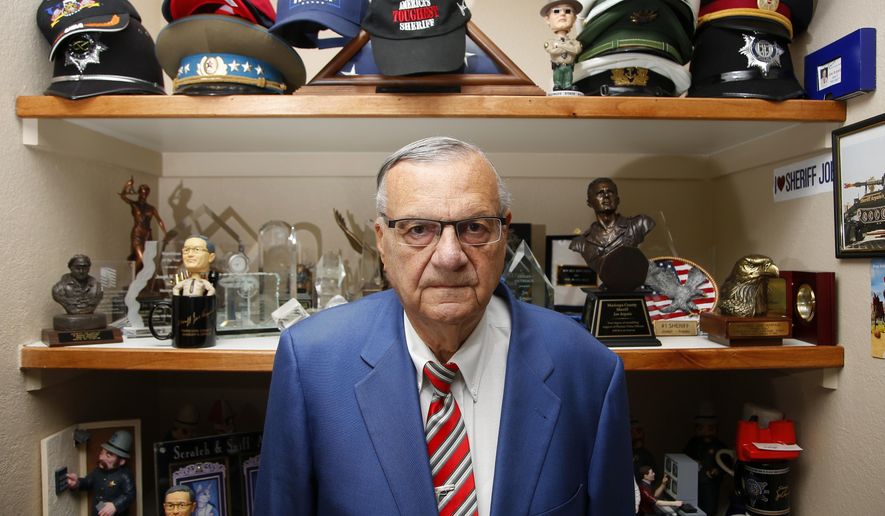 Former Maricopa County Sheriff Joe Arpaio poses for a photo on July 22, 2020, in Fountain Hills, Ariz. Arpaio, the 90-year-old former sheriff of Arizona&#39;s most populous county who was voted out amid frustration over his headline-grabbing tactics and legal troubles, is attempting another political comeback as he runs for mayor of the affluent suburb where he has lived for more than two decades. (AP Photo/Ross D. Franklin, File)