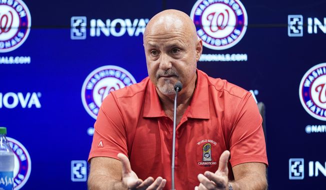 Washington Nationals general manager Mike Rizzo speaks with reporters about the team&#x27;s recent trades before a baseball game against the New York Mets at Nationals Park, Tuesday, Aug. 2, 2022, in Washington. (AP Photo/Alex Brandon) **FILE**