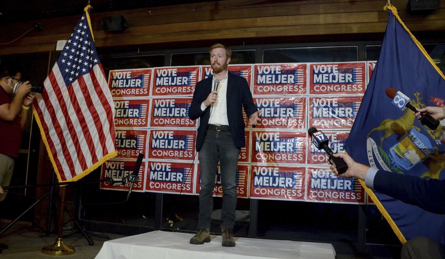 Rep. Peter Meijer, R-Mich., speaks with the media late Tuesday, Aug. 2, 2022, in Grand Rapids, Mich. He is running against John Gibbs in the Republican primary in Michigan&#39;s 3rd Congressional District. (Katy Batdorff/Detroit News via AP)