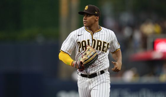San Diego Padres right fielder Juan Soto runs to the dugout during the second inning of the team&#39;s baseball game against the Colorado Rockies, Wednesday, Aug. 3, 2022, in San Diego. (AP Photo/Gregory Bull)