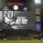 The scoreboard at Oracle Park shows a message for broadcaster Vin Scully after the Los Angeles Dodgers defeated the San Francisco Giants in a baseball game in San Francisco, Tuesday, Aug. 2, 2022. (AP Photo/Jeff Chiu)