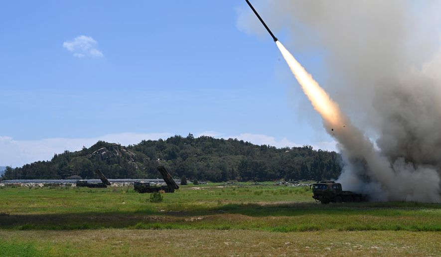 In this photo released by China&#x27;s Xinhua News Agency, a projectile is launched from an unspecified location in China during long-range live-fire drills by the army of the Eastern Theater Command of the Chinese People&#x27;s Liberation Army, Thursday, Aug. 4, 2022. China conducted &quot;precision missile strikes&quot; Thursday in waters off Taiwan&#x27;s coasts as part of military exercises that have raised tensions in the region to their highest level in decades following a visit by U.S. House Speaker Nancy Pelosi. (Lai Qiaoquan/Xinhua via AP)