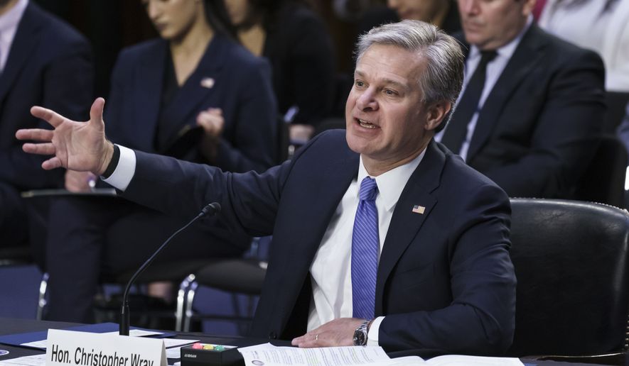 FBI Director Christopher Wray testifies at a Senate Judiciary Committee oversight hearing, at the Capitol in Washington, Thursday, Aug. 4, 2022. (AP Photo/J. Scott Applewhite)