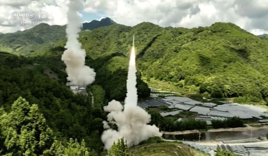 In this image taken from video footage run by China&#39;s CCTV, a projectile is launched from an unspecified location in China, Thursday, Aug. 4, 2022. China says it conducted &amp;quot;precision missile strikes&amp;quot; in the Taiwan Strait on Thursday as part of military exercises that have raised tensions in the region to their highest level in decades. (CCTV via AP)