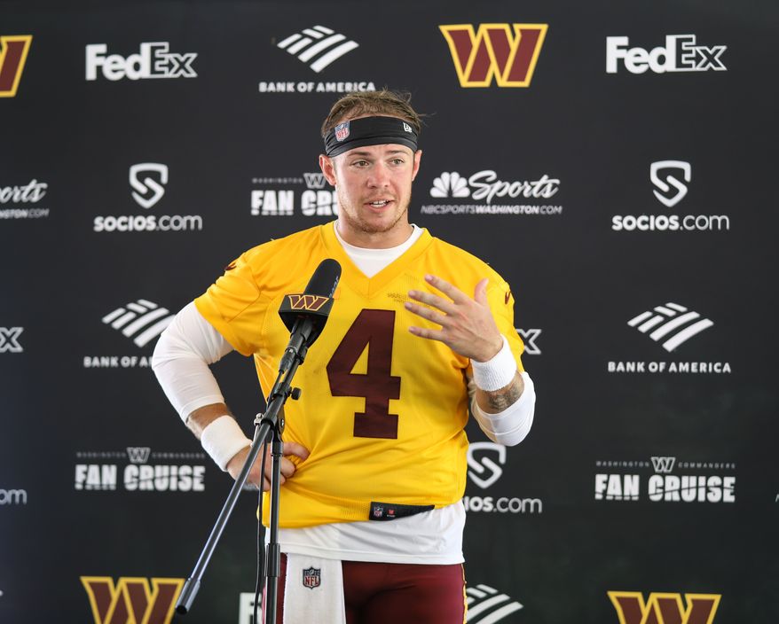 Washington Commanders Quarterback Taylor Heinicke (4) addressing the media after practice at Training Camp  at The Park in Ashburn VA on August 5th 2022 (Photo: Alyssa Howell)