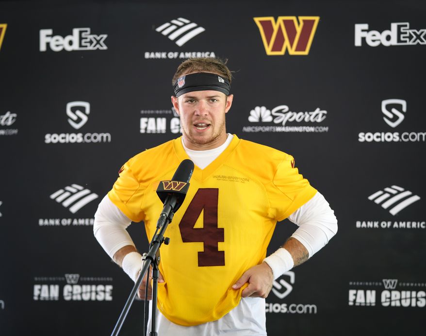 Washington Commanders Quarterback Taylor Heinicke (4) addressing the media after practice at Training Camp  at The Park in Ashburn VA on August 5th 2022 (Photo: Alyssa Howell)