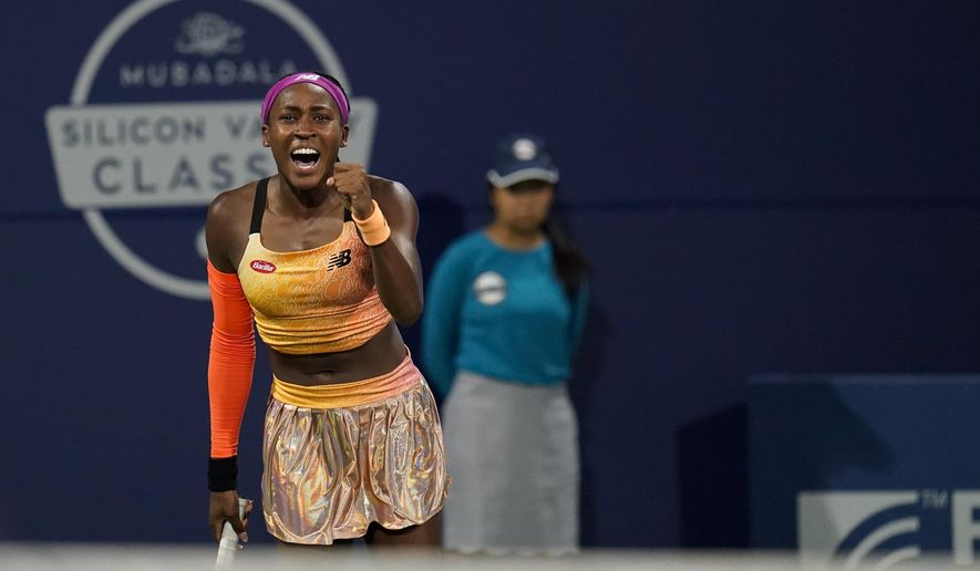 Coco Gauff, of the United States, celebrates her 6-4, 6-4 victory against Naomi Osaka, of Japan, at the Mubadala Silicon Valley Classic tennis tournament in San Jose, Calif., Thursday, Aug. 4, 2022. (AP Photo/Godofredo A. Vásquez)