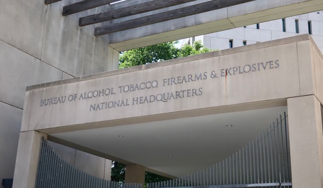 JUNE 8, 2019: Bureau of Alcohol, Tobacco, Firearms and Explosives - ATF - Department of Justice - sign at headquarters building. File photo credit: DCStockPhotography via Shutterstock.