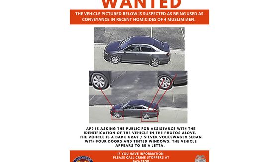 This &quot;Wanted&quot; poster released Sunday, Aug 7, 2022, by the Albuquerque Police Department shows a vehicle suspected of being used as a conveyance in the recent homicides of four Muslim men in Albuquerque, N.M. Police investigating whether the killings are connected say they need help finding the vehicle believed to be connected to the deaths. Police say the vehicle sought is a dark gray or silver, four-door Volkswagen Jetta with dark tinted windows. (Albuquerque Police Department via AP)