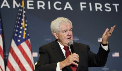 Former House Speaker Newt Gingrich speaks before former President Donald Trump at an America First Policy Institute agenda summit at the Marriott Marquis in Washington, Tuesday, July 26, 2022. (AP Photo/Andrew Harnik)