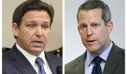 This combination of Thursday, Aug. 4, 2022 photos shows Florida Gov. Ron DeSantis, left, and Hillsborough County State Attorney Andrew Warren during separate news conferences in Tampa, Fla. On Sunday, Aug. 7, 2022, Warren vowed to fight his suspension from office by DeSantis over his promise not to enforce the state&#39;s 15-week abortion ban and support for gender transition treatments for minors. (Douglas R. Clifford/Tampa Bay Times via AP)