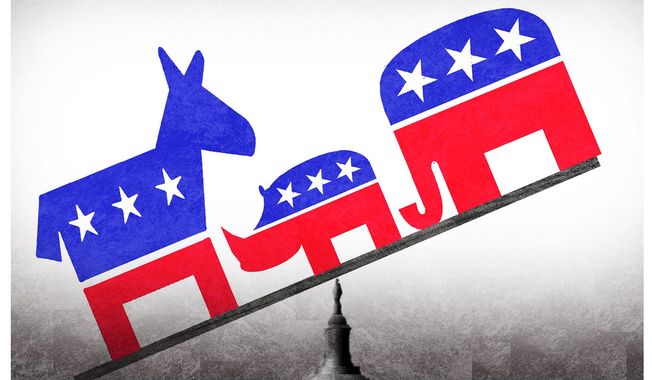 Illustration on the partisan divide in congress by Alexander Hunter/The Washington Times