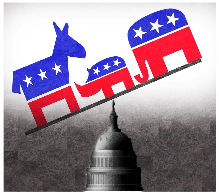 Illustration on the partisan divide in congress by Alexander Hunter/The Washington Times