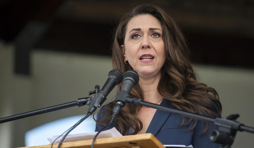 FILE - Rep. Jaime Herrera Beutler, R-Wash., speaks at a Memorial Day observance event on May 30, 2022, in Vancouver, Wash. Republican Joe Kent has taken the lead over incumbent Beutler in the race for the second spot in Washington state&#39;s top two primary.  (Taylor Balkom/The Columbian via AP, File)