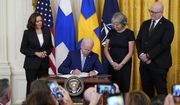 President Joe Biden signs the Instruments of Ratification for the Accession Protocols to the North Atlantic Treaty for the Kingdom of Sweden in the East Room of the White House in Washington, Tuesday, Aug. 9, 2022. From left, Vice President Kamala Harris, Biden, Karin Olofsdotter, Sweden&#39;s ambassador to the U.S., and Mikko Hautala, Finland&#39;s ambassador to the U.S. (AP Photo/Susan Walsh)