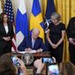 President Joe Biden signs the Instruments of Ratification for the Accession Protocols to the North Atlantic Treaty for the Kingdom of Sweden in the East Room of the White House in Washington, Tuesday, Aug. 9, 2022. From left, Vice President Kamala Harris, Biden, Karin Olofsdotter, Sweden&#39;s ambassador to the U.S., and Mikko Hautala, Finland&#39;s ambassador to the U.S. (AP Photo/Susan Walsh)