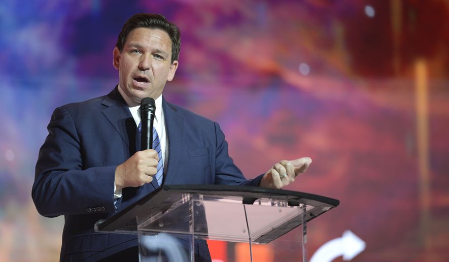 Florida Gov. Ron DeSantis addresses attendees during the Turning Point USA Student Action Summit, July 22, 2022, in Tampa, Fla. Florida Gov. Ron DeSantis, who likely represents former President Donald Trump&#39;s strongest potential primary challenger, described the Biden administration as a “regime” and called the Mar-a-Lago search “another escalation in the weaponization of federal agencies against the Regime’s political opponents.” (AP Photo/Phelan M. Ebenhack, File)