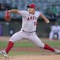 Los Angeles Angels&#39; Jose Suarez pitches against the Oakland Athletics during the first inning of a baseball game in Oakland, Calif., Monday, Aug. 8, 2022. (AP Photo/Jeff Chiu)