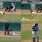 In this combination of photos from video provided by ESPN, pitcher Kaiden Shelton (29), of Pearland, Texas, throws to batter Isaiah Jarvis, of Tulsa, Okla., when an 0-2 pitch got away from him and slammed into Jarvis&#39; helmet during a Little League Southwest Regional Playoff baseball final, Tuesday, Aug. 9, 2022, in Waco, Texas. Jarvis fell to the ground clutching his head as his concerned coaches ran to his aid. Jarvis walked to the mound and put his arms around Shelton, telling him, “Hey, you&#39;re doing great. Let&#39;s go.” (ESPN via AP)