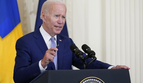 President Biden speaks before signing the Instruments of Ratification for the Accession Protocols to the North Atlantic Treaty for the Republic of Finland and Kingdom of Sweden in the East Room of the White House in Washington, on Aug. 9, 2022. (AP Photo/Susan Walsh)