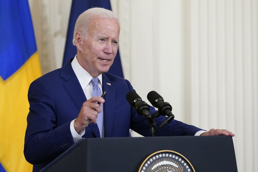 President Biden speaks before signing the Instruments of Ratification for the Accession Protocols to the North Atlantic Treaty for the Republic of Finland and Kingdom of Sweden in the East Room of the White House in Washington, on Aug. 9, 2022. (AP Photo/Susan Walsh)