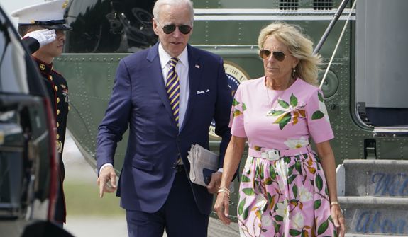 President Joe Biden and first lady Jill Biden exit Marine One at Charleston Executive Airport, S.C., Wednesday, Aug. 10, 2022. The Biden&#39;s arrived in South Carolina on Wednesday to begin what is expected to be at least a seven-day vacation with members of his family outside of Washington. (AP Photo/Manuel Balce Ceneta)