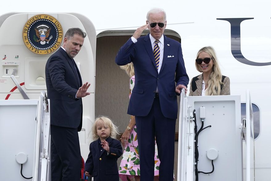 President Joe Biden, center, returns a salute as he is joined by, from left, son Hunter Biden, grandson Beau Biden, first lady Jill Biden, obscured, and daughter-in-law Melissa Cohen, as they stand at the top of the steps of Air Force One at Andrews Air Force Base, Md., Wednesday, Aug. 10, 2022. They are heading to South Carolina for a week-long vacation on Kiawah Island. (AP Photo/Susan Walsh)