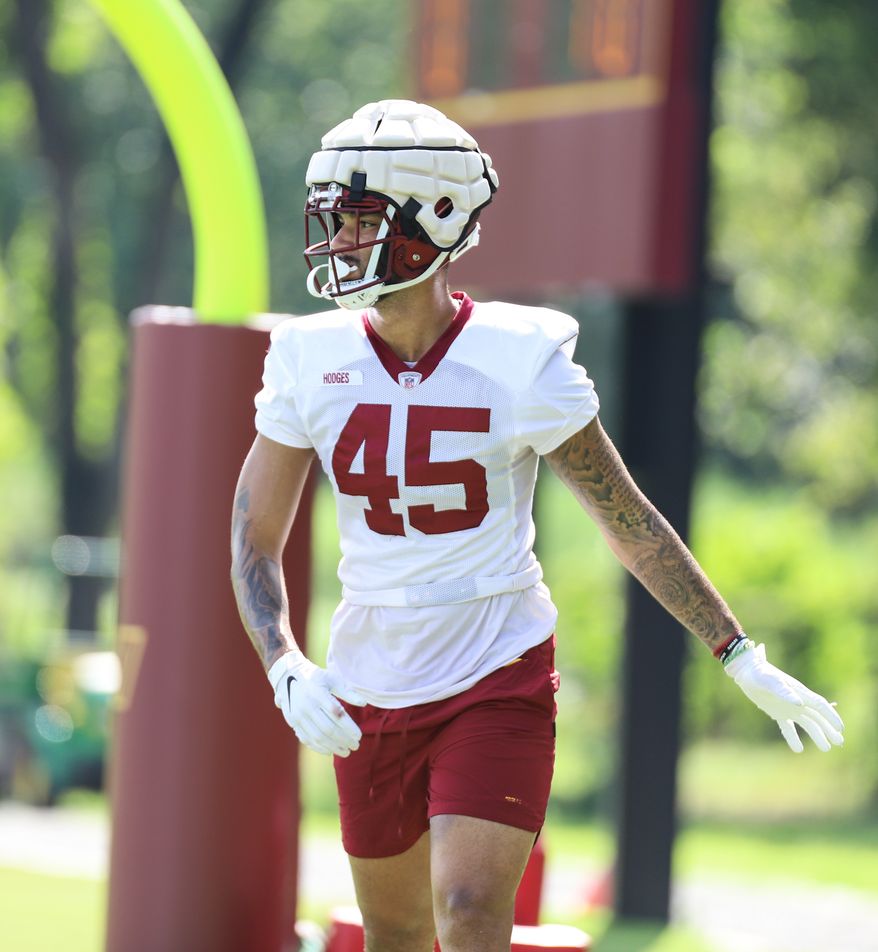 Washington Commanders Tight End Curtis Hodges (45) walking back onto the field during training camp at The Park in Ashburn VA on August 11th 2022. (Photo: Alyssa Howell)