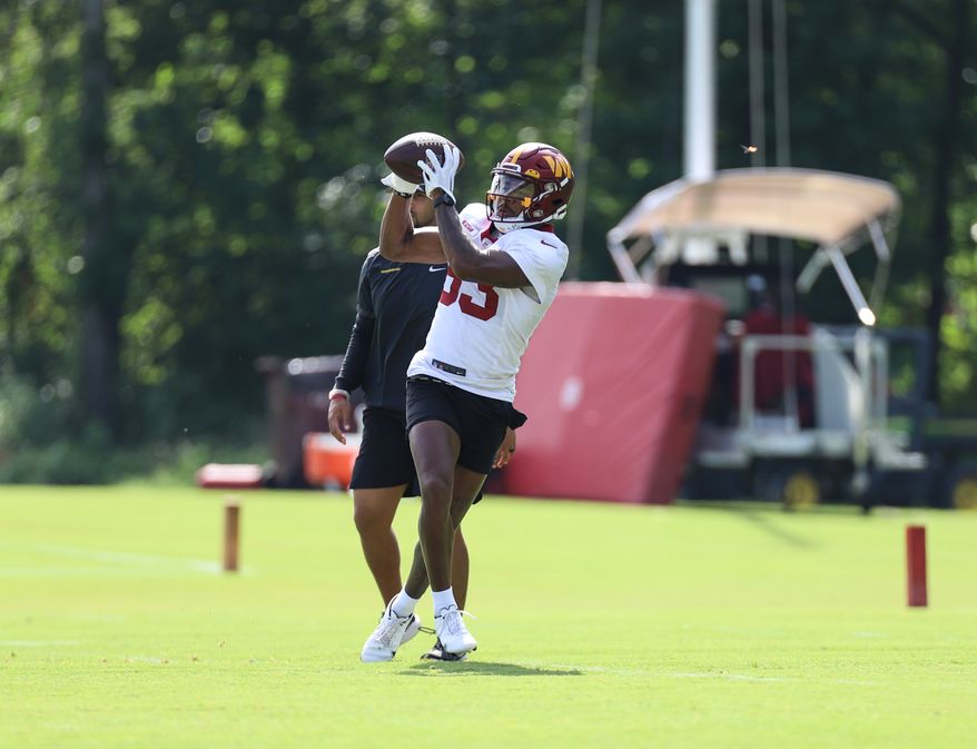 Washington Commanders Wide Reciever Kyric McGowan (83) makes a catch during training camp at The Park in Ashburn VA on August 11th 2022. (Photo: Alyssa Howell)