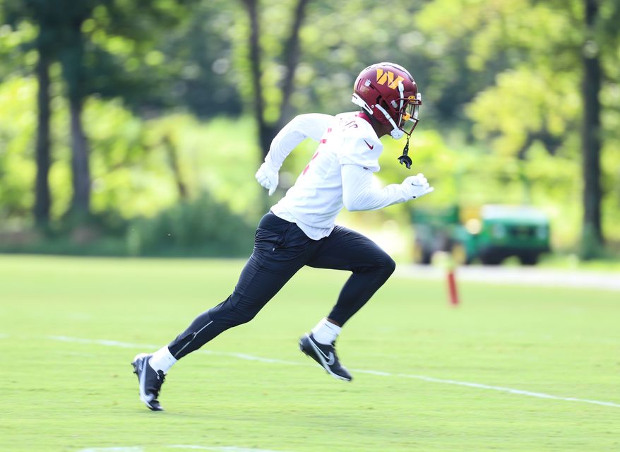 Washington Commanders Wide Reciever Jahan Dotson (1) runs to get open to make a catch during training camp at The Park in Ashburn VA on August 11th 2022. (Photo: Alyssa Howell)