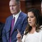 Rep. Elise Stefanik, R-N.Y., speaks during a news conference on Capitol Hill in Washington, Friday, Aug. 12, 2022, on the FBI serving a search warrant at former President Donald Trump&#39;s home in Florida. She is joined by, from left, Rep. Rick Crawford, R-Ark., Rep. Trent Kelly, R-Miss., and House Intelligence Committee ranking member Rep Mike Turner, R-Ohio. (AP Photo/Susan Walsh)