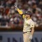 San Diego Padres&#39; Juan Soto gestures at second after he doubled during the fifth inning of the team&#39;s baseball game against the Washington Nationals, Friday, Aug. 12, 2022, in Washington. (AP Photo/Nick Wass)