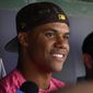 San Diego Padres&#x27; Juan Soto talks to the media before a baseball game against the Washington Nationals, Friday, Aug. 12, 2022, in Washington. (AP Photo/Nick Wass)