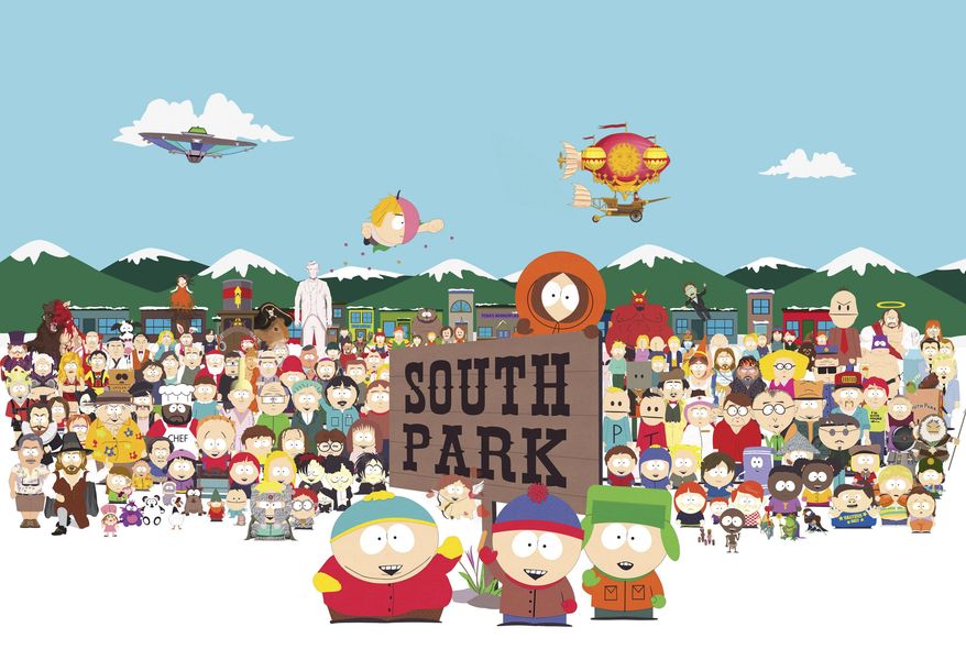 This image released by Comedy Central shows the cast of the animated series, &amp;quot;South Park.&amp;quot; For 25 years, &amp;quot;South Park&amp;quot; has viewed the world through the eyes of Stan, Kyle, Kenny and Cartman, four bratty, perpetually bundled-up youngsters in an unhinged Colorado cartoon town. To celebrate their silver anniversary this year, a concert in Colorado sings the show&#39;s songs. (Comedy Central via AP)