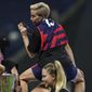 United States&#39; Megan Rapinoe celebrates after winning the CONCACAF Women&#39;s Championship final soccer match against Canada in Monterrey, Mexico, Monday, July 18, 2022. (AP Photo/Fernando Llano)