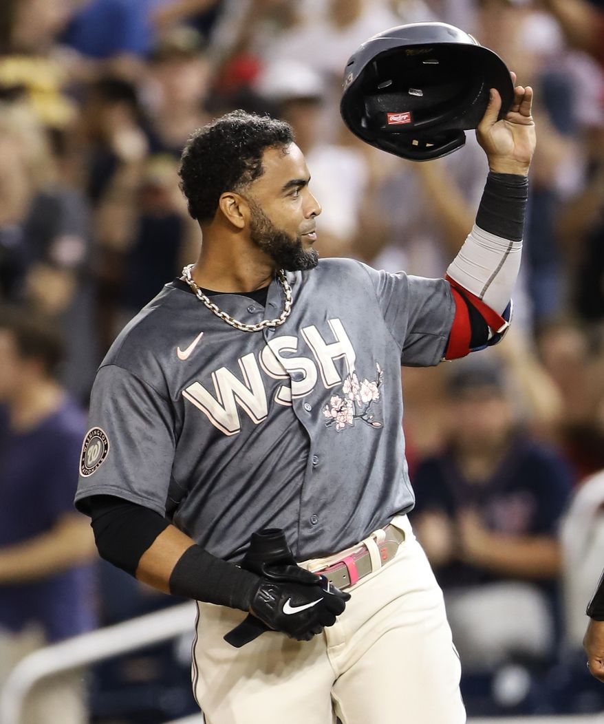 Washington Nationals Designated Hitter Nelson Cruz (23) salutes fans after hitting his 2000th career hit at the Washington Nationals vs the San Diego Padres in Washington D.C. at Nationals Park on August 13th 2022 (Photo: All-Pro Reels/ Alyssa Howell)