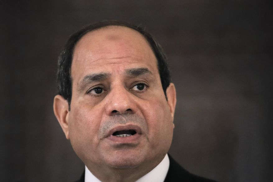 FILE - Egyptian President Abdel Fattah el-Sisi speaks during a press conference in Bucharest, Romania, June 19, 2019. President Abdel Fattah el-Sissi of Egypt has announced a Cabinet reshuffle to improve his administration's performance as it faces towering economic challenges stemming largely from Russia’s war in Ukraine. The Cabinet shake-up was approved by the parliament in an emergency session Saturday, Aug. 13, 2022. (AP Photo/Vadim Ghirda, File)