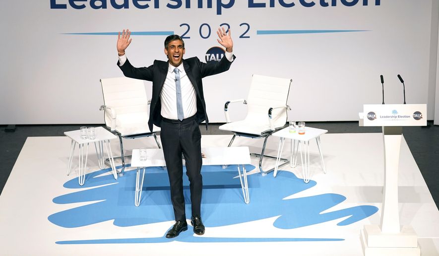 Rishi Sunak during a hustings event in Darlington, England, Aug. 9, 2022, as part of the campaign to be leader of the Conservative Party and the next prime minister. While inflation and recession fears weigh heavily on the minds of voters, another issue is popping up in political campaigns from the U.K. and Australia to the U.S. and beyond: the “China threat.&amp;quot; The two finalists vying to become Britain&#x27;s next prime minister, Liz Truss and Rishi Sunak, clashed in a televised debate last month over who would be toughest on China. (Danny Lawson/PA via AP, File)