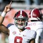 Alabama quarterback Bryce Young (9) during warm ups before the start of an NCAA college football game against Auburn Saturday, Nov. 27, 2021, in Auburn, Ala. Alabama is No. 1 in the preseason AP Top 25 for the second straight season. (AP Photo/Butch Dill, File) **FILE**