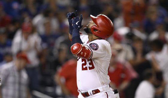 Washington Nationals&#39; Nelson Cruz celebrates his home run against the Chicago Cubs during the eighth inning of a baseball game Monday, Aug. 15, 2022, in Washington. The Nationals won 5-4. (AP Photo/Nick Wass)